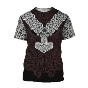Black Viking Mjolnir Celtic knot 3D printed gothic short sleeve t-shirt front view with metallic silver Thor hammer design