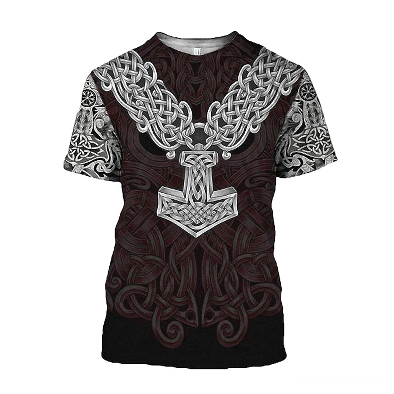 Black Viking Mjolnir Celtic knot 3D printed gothic short sleeve t-shirt front view with metallic silver Thor hammer design