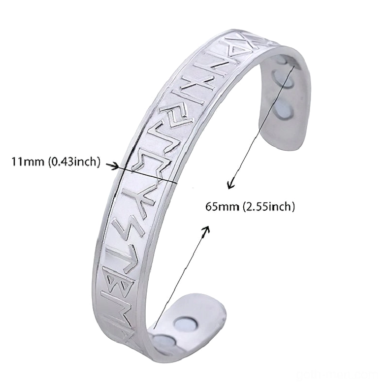 Nordic rune open cuff bracelet with size measurements labeled, silver stainless steel inner diameter and width dimensions