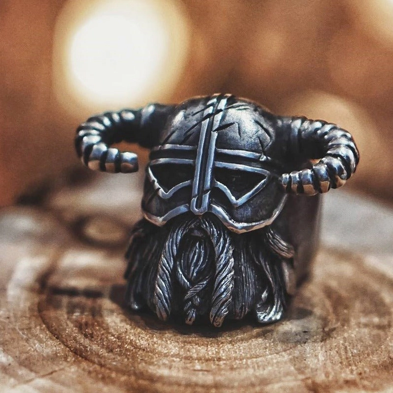 Nordic horned warrior ring front view - matte dark antique silver finish with gothic character