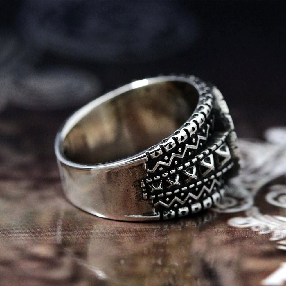 Norse Helm of Awe ring detailed close-up - Aegishjalmur symbol with intricate border engravings