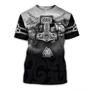Black gothic viking graphic tee front view with Valknut triangle, Mjolnir Thor's hammer, and Norse warrior dragon battle print