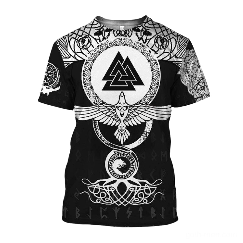 Norse raven compass and occult rune symbols on back of black gothic graphic t-shirt