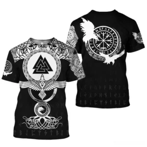 Norse Raven Valknut gothic graphic t-shirt front view with Viking runes and eagle prints on black cotton