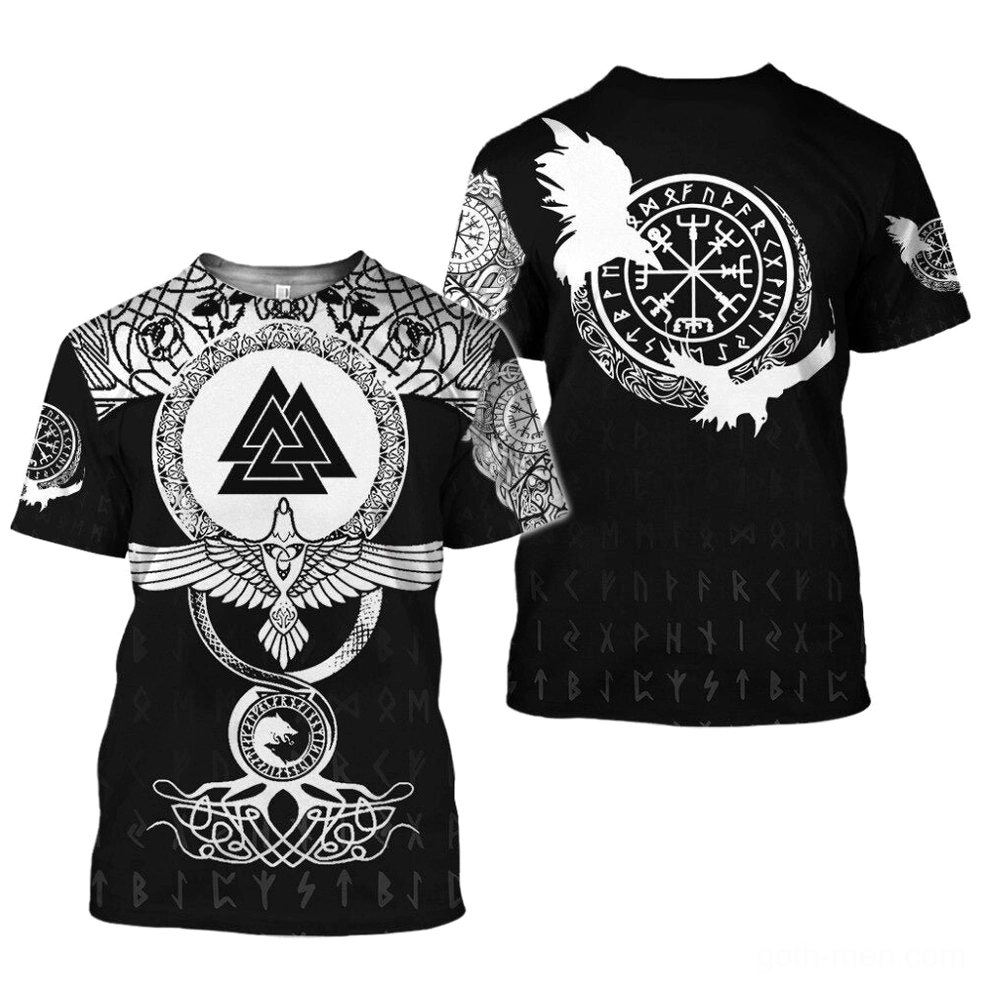 Norse Raven Valknut gothic graphic t-shirt front view with Viking runes and eagle prints on black cotton