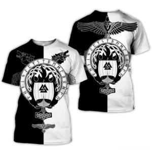 Black and white Viking rune graphic short sleeve t-shirt back view showing raven print on upper back with split color design