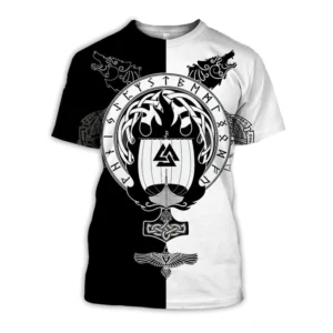Black and white Norse rune circle Viking graphic t-shirt front view with warship and wolves print on split color tee