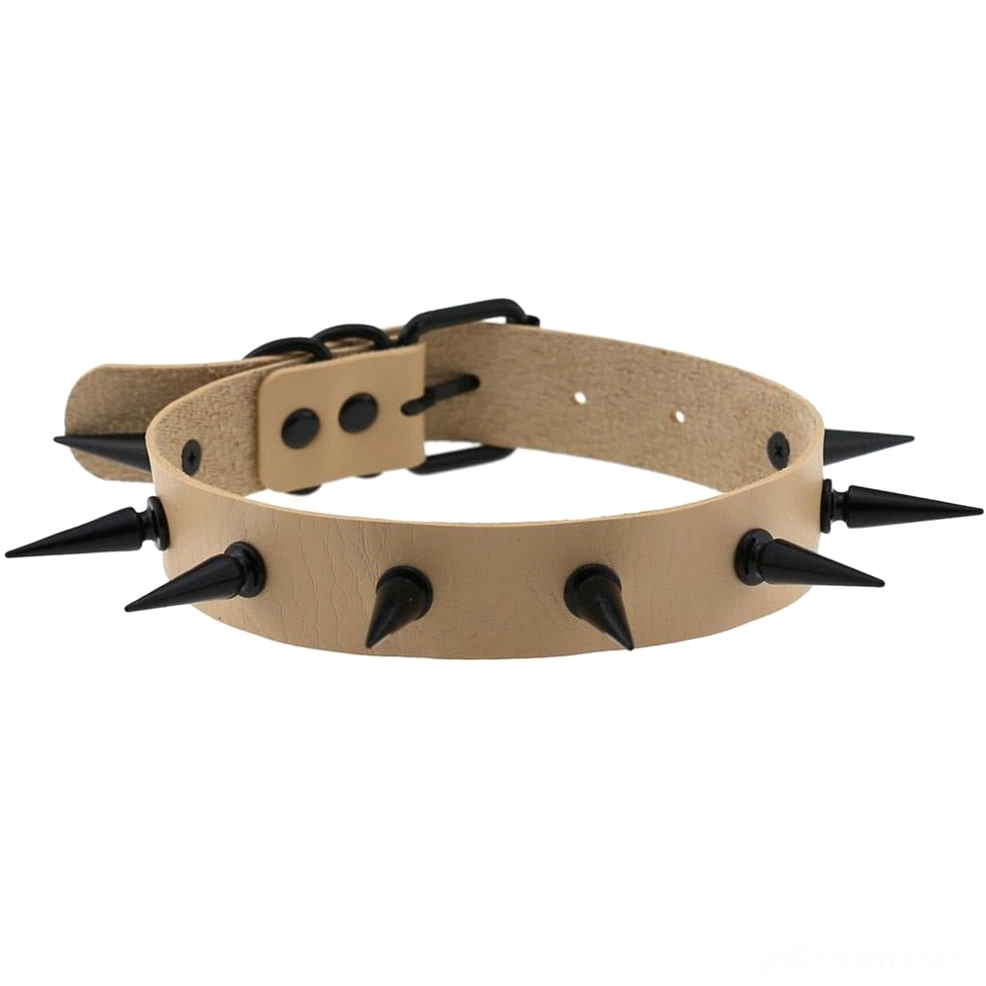 Nude leather spiked choker collar with black metal studs, minimalist goth style