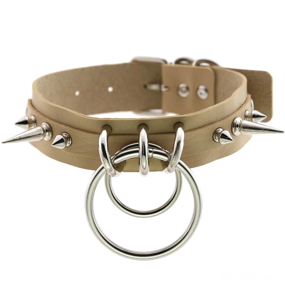 Nude spiked PU leather choker with metal spike hardware and O-ring attachment points