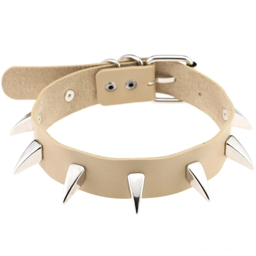 Nude color spiked leather choker with silver cone rivets subtle gothic style