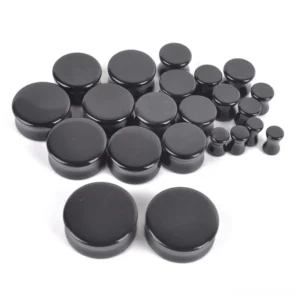 Front view black obsidian stone ear gauge flesh tunnel gothic body jewelry polished