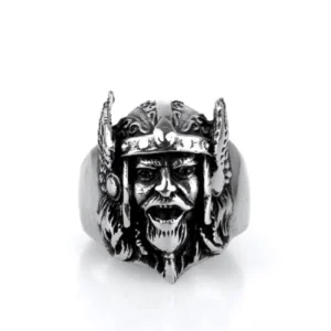 Odin's face gothic stainless steel ring front view, showcasing 3D carved warrior portrait with penetrating gaze and winged helmet design