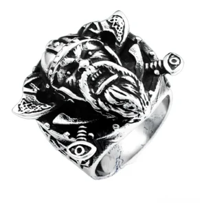 Gothic Viking ring with Odin shield detailed side angle showing 3D carved Norse mythology design
