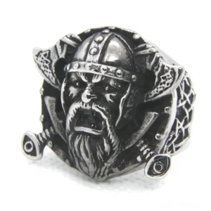 Odin's Shield stainless steel gothic Viking ring front view with carved Norse warrior face and dual axes