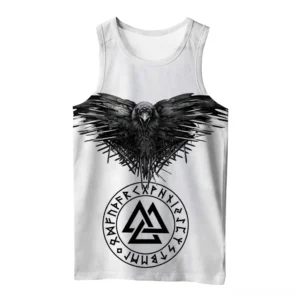 Back view of Viking Odin gothic sleeveless tank showing 3D printed All-Father with lightning bolts and ravens dark mythology design