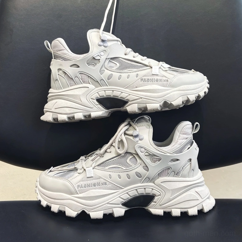 Off-white light gray gothic platform sneakers pair display, side hanging view showing industrial lug sole detail