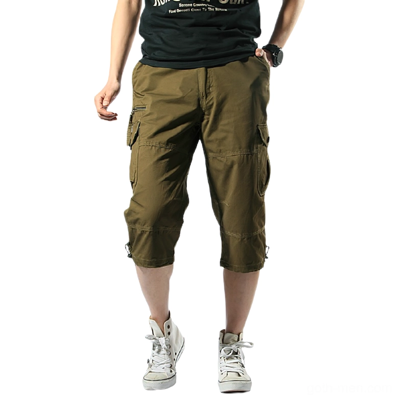 Men's olive brown cargo capri shorts front view highlighting multiple cargo pockets and structured silhouette