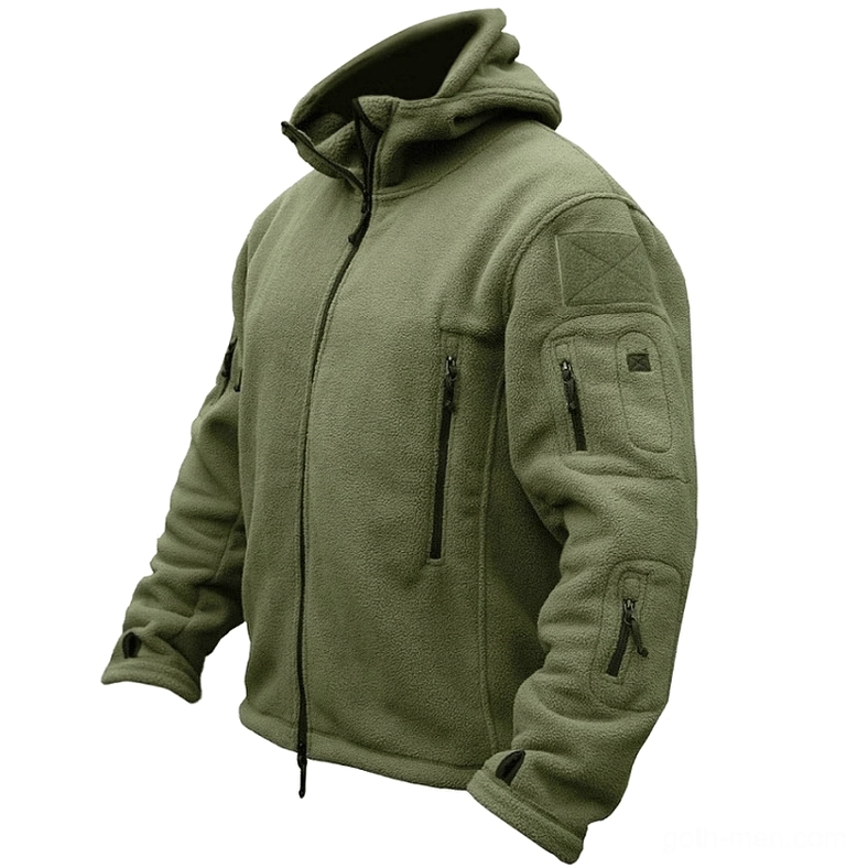 Olive green tactical jacket three-quarter front view showing elbow patches with tactical zippers
