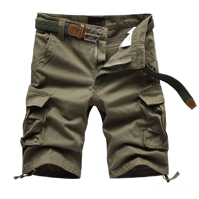 Olive green gothic utility cargo shorts with fabric belt and multiple cargo pockets flat lay