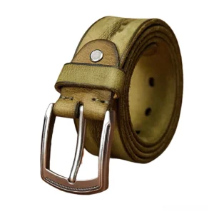 Vintage olive green leather gothic belt with matte silver alloy pin buckle, front side view showcasing full grain cowhide texture and handcrafted details