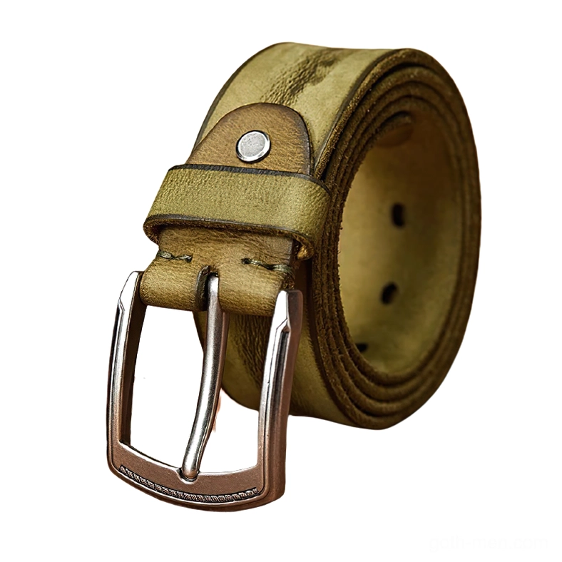 Vintage olive green leather gothic belt with matte silver alloy pin buckle, front side view showcasing full grain cowhide texture and handcrafted details