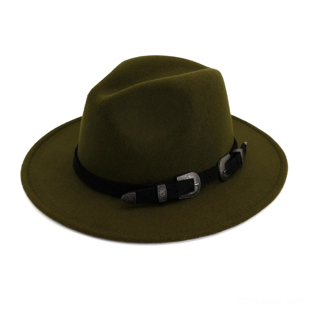 Olive green vintage trilby hat featuring antique belt buckles on band, alternative fashion styling