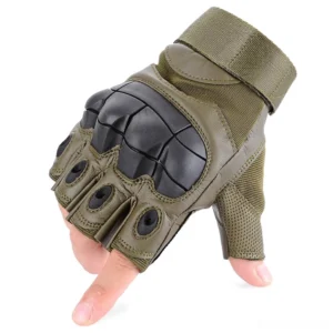 Olive green fingerless tactical gloves featuring hard knuckle armor, adjustable velcro wrist strap, and breathable fabric design for alternative gothic style