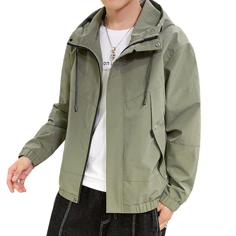 Olive green hooded gothic cargo jacket on male model with flap cargo pockets and drawstring hood details