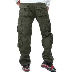 Men's olive green cargo pants rear view showing flap pockets and cuff hem - tactical goth streetwear