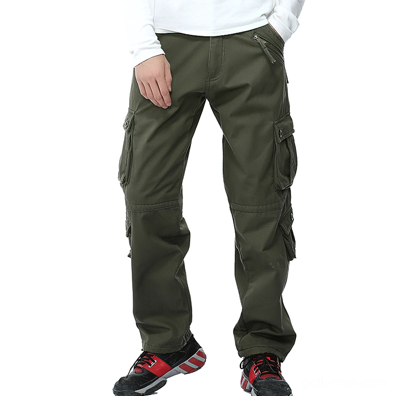 Men's olive green tactical cargo pants front view with multi-pocket design and pleated front - gothic utility style