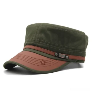 Olive green gothic military flat-top cap with brown faux leather brim and decorative star stitching