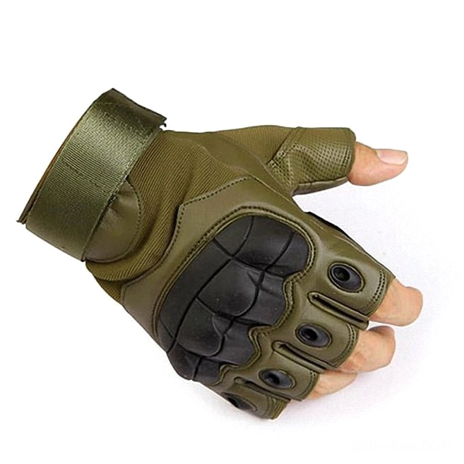 Olive green half-finger tactical gloves with vented knuckle armor and secure adjustable wrist strap