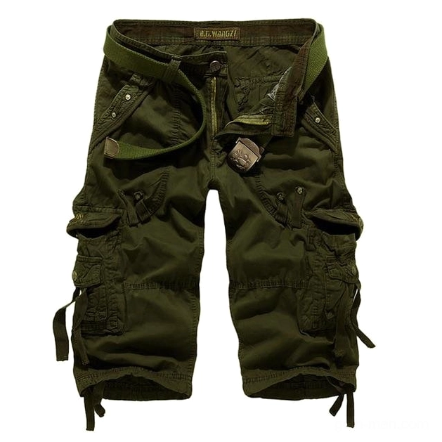 Army green military tactical cargo capris flat lay - loosefitting gothic pants with functional pockets