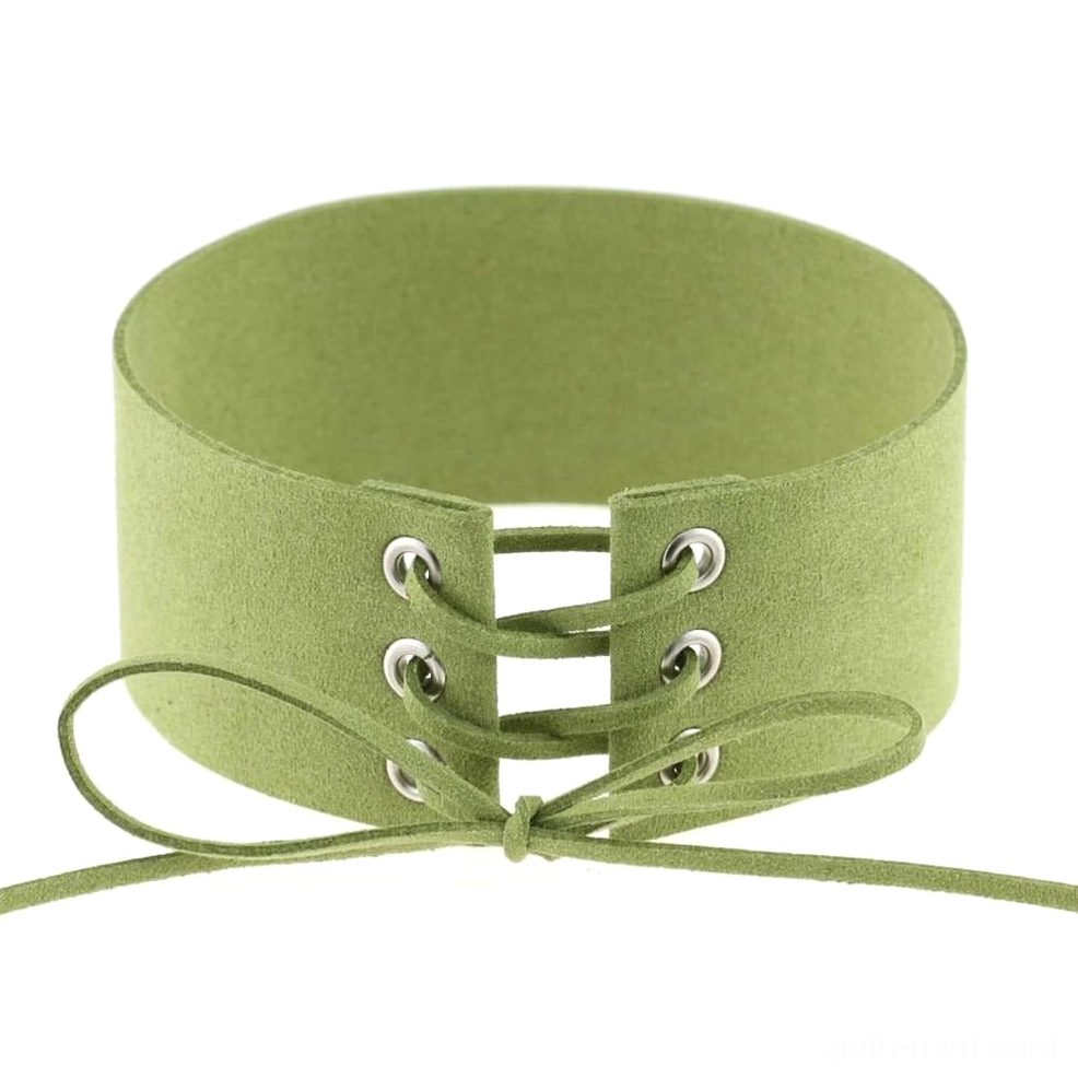 Olive green suede velvet choker with metal grommet lace-up details