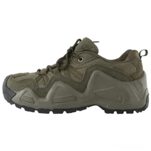 Olive green desert tactical hiking boots with heel pull tab and breathable mesh upper, side profile view