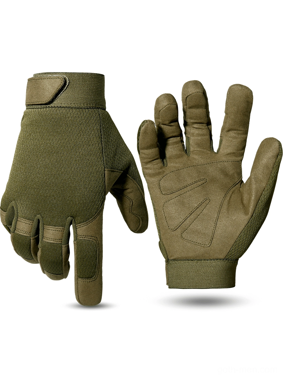 Olive green tactical combat gloves with adjustable wrist strap and palm grip reinforcement