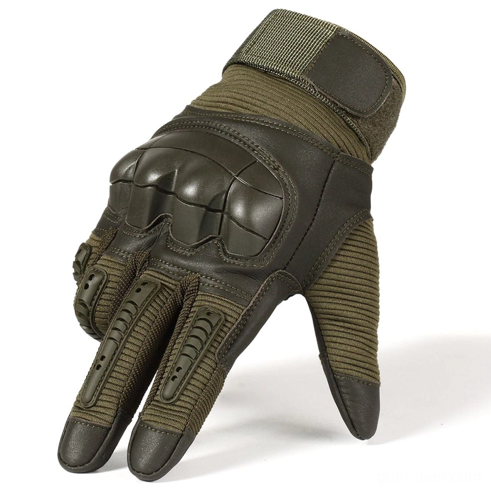 Olive green tactical combat gloves full-finger with PU leather knuckle protection and fabric blend for durability