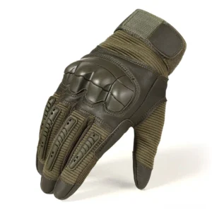 Olive green full finger tactical gloves with reinforced knuckle protection and touchscreen fingertips, displayed in three-quarter view on white background