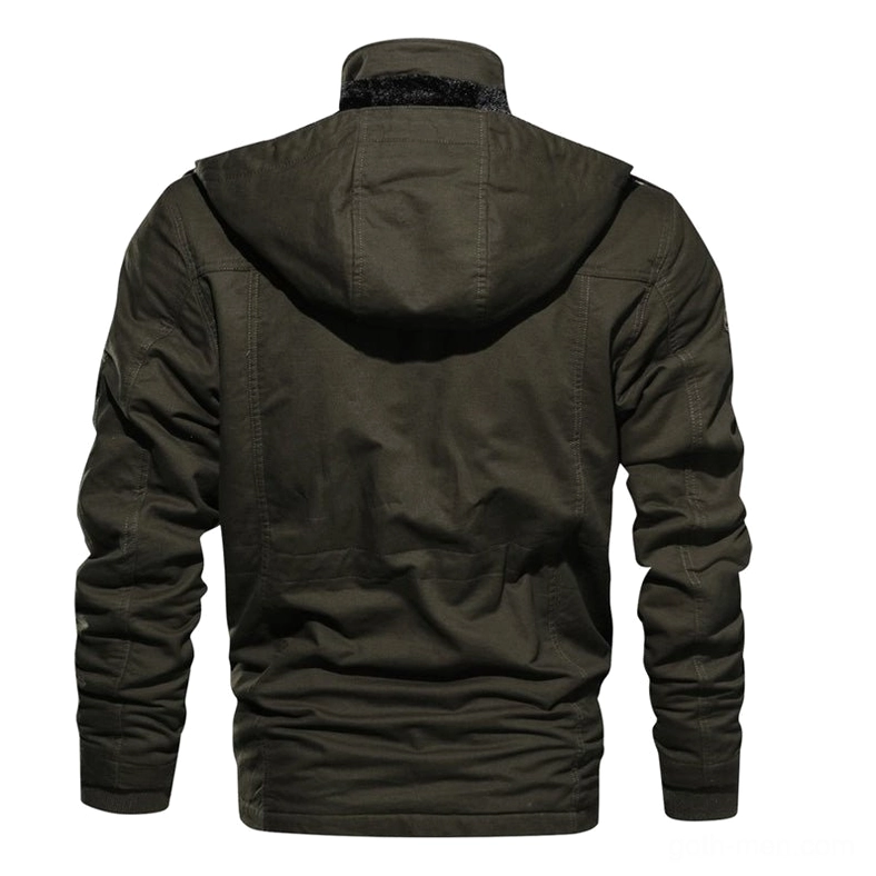 Dark olive hooded winter jacket with attached hood ribbed hem plain back darkwave style