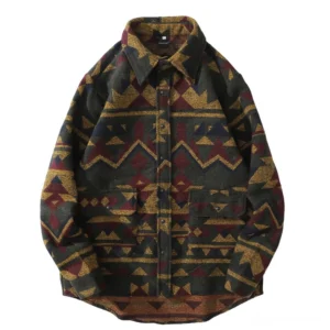 Olive green men's tribal geometric shirt with tan aztec pattern - buttoned front chest pockets