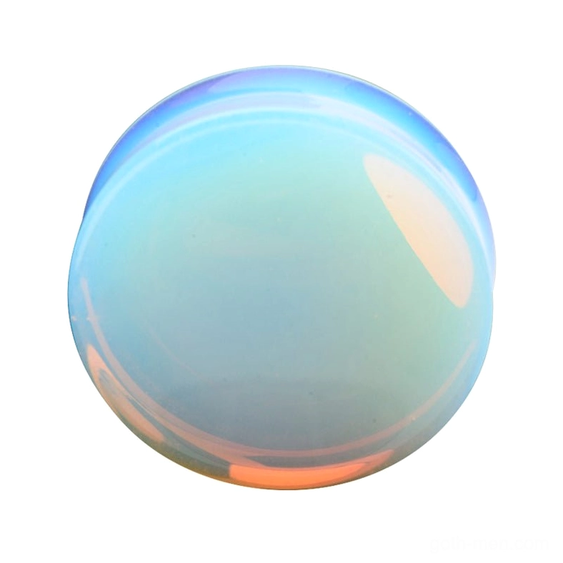 Light blue iridescent opalite stone ear gauges and flesh tunnels in multiple sizes 6mm to 25mm, showcasing smooth polished round finish and ethereal gothic aesthetic
