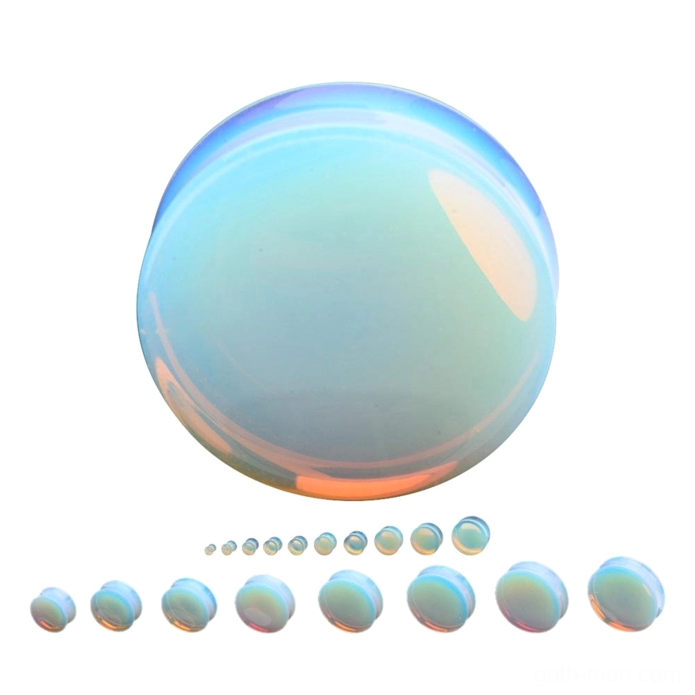 Close-up detail of opalite stone ear tunnel showing iridescent shimmer and high-polish finish, alternative gothic body jewelry