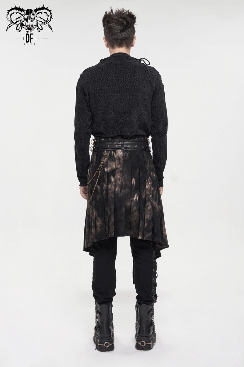Open-front irregular gothic men's half skirt - artistic photography showing punk aesthetic and dark design