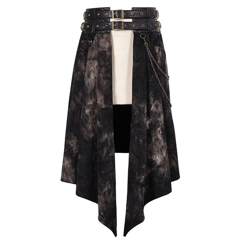 Open-front gothic irregular men's half skirt with tie-dye texture and dual wide belts featuring metal chain - flat lay