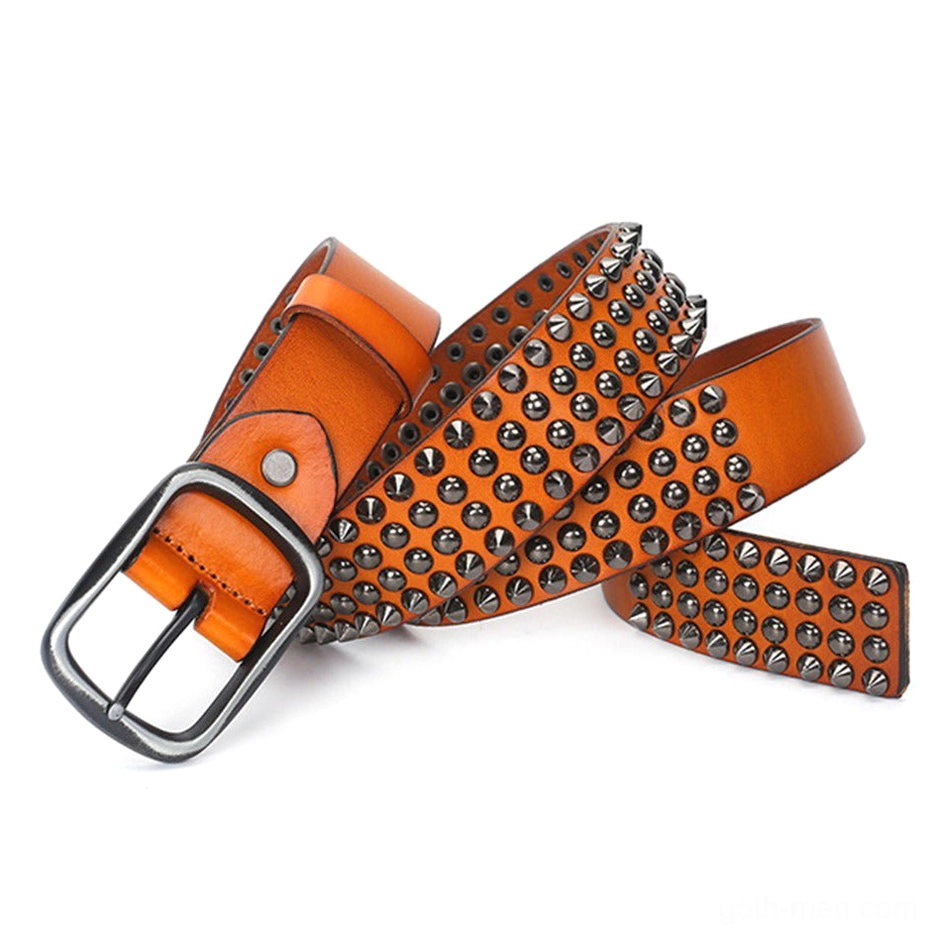 Tan orange gothic rivet belt side view with multiple rows of cone studs and leather strap detail