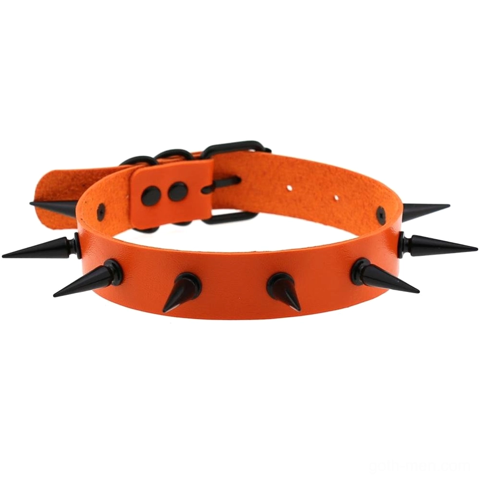 Orange leather gothic choker with matte black spikes, bold alternative accessory