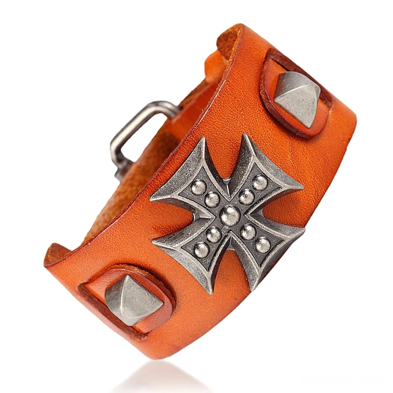 Orange tan leather gothic cross bracelet angled three-quarter view showing adjustable clasp mechanism and design