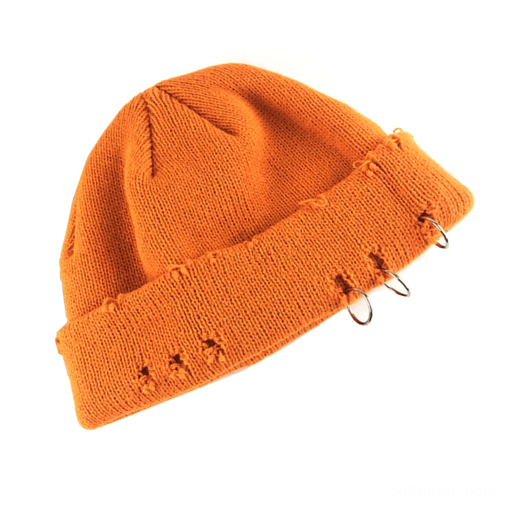 Orange bold gothic beanie with distressed holes and metal ring accents for dark aesthetic