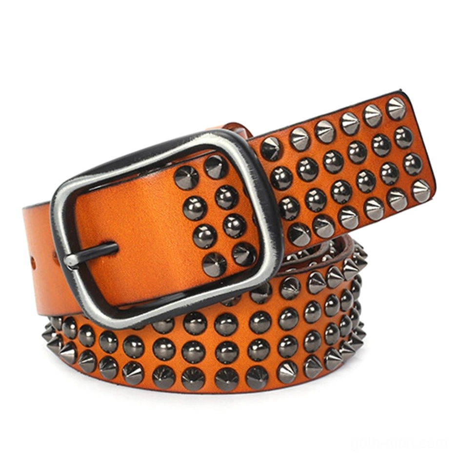 Burnt orange studded gothic leather belt with industrial cone rivets and pin buckle, front view