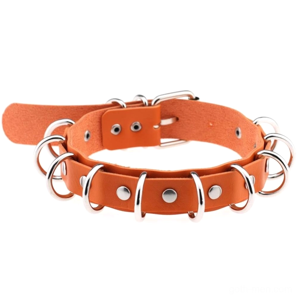 Bright orange faux leather alternative choker with zinc alloy metal rings on white background